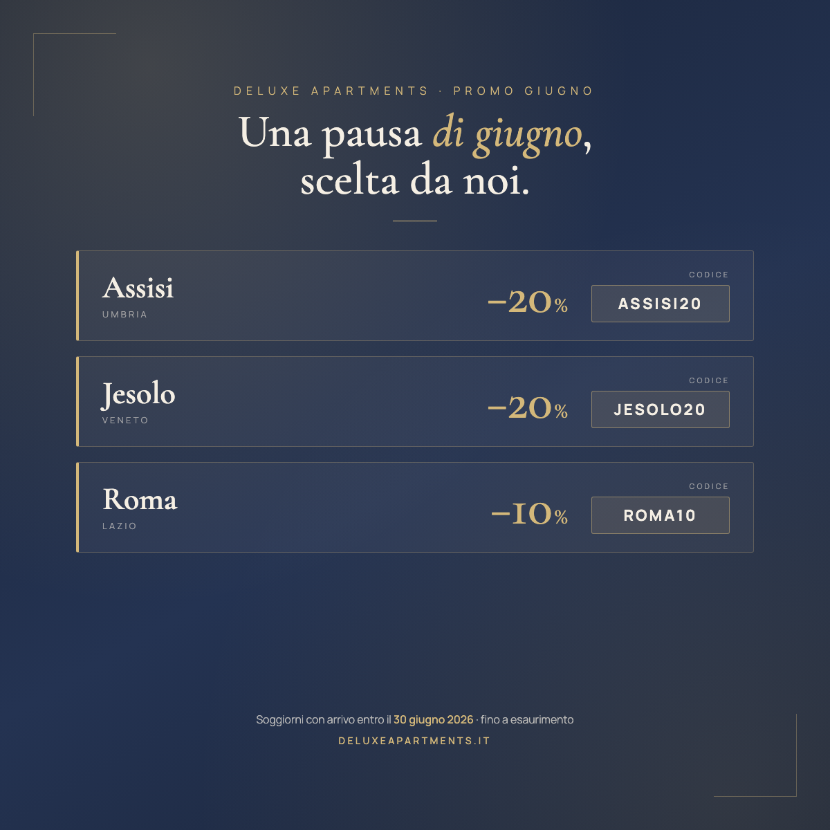 Promo Giugno Deluxe Apartments: Assisi -20%, Jesolo -20%, Roma -10%